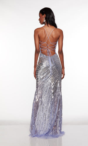 Sparkly red carpet dress with a strappy back in blue iris-silver color.