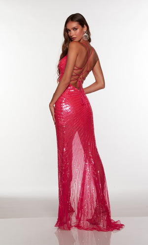 Sparkly red carpet dress with a strappy back in electric fuchsia.