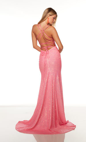 Pink sequin dress with a strappy lace up back and train.