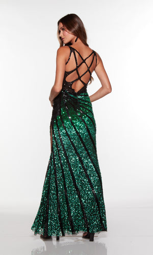 Unique prom dress with a cutout back style in black-emerald sequins.