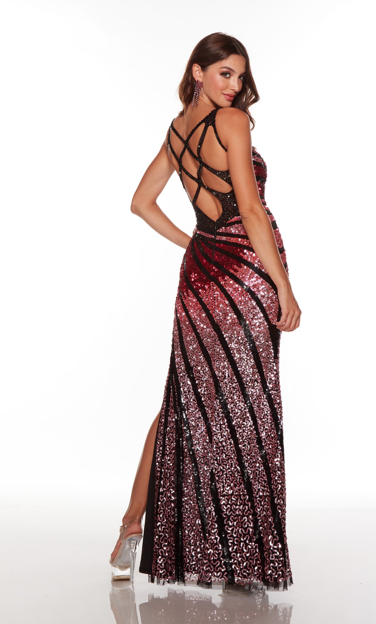 Sparkly prom dress with a cutout back and side slit in black-pink.