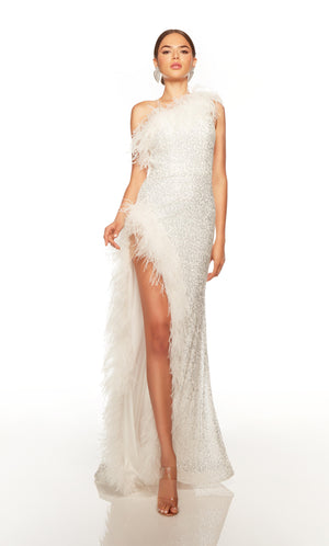 One shoulder feather dress with a high side slit in white sequins.