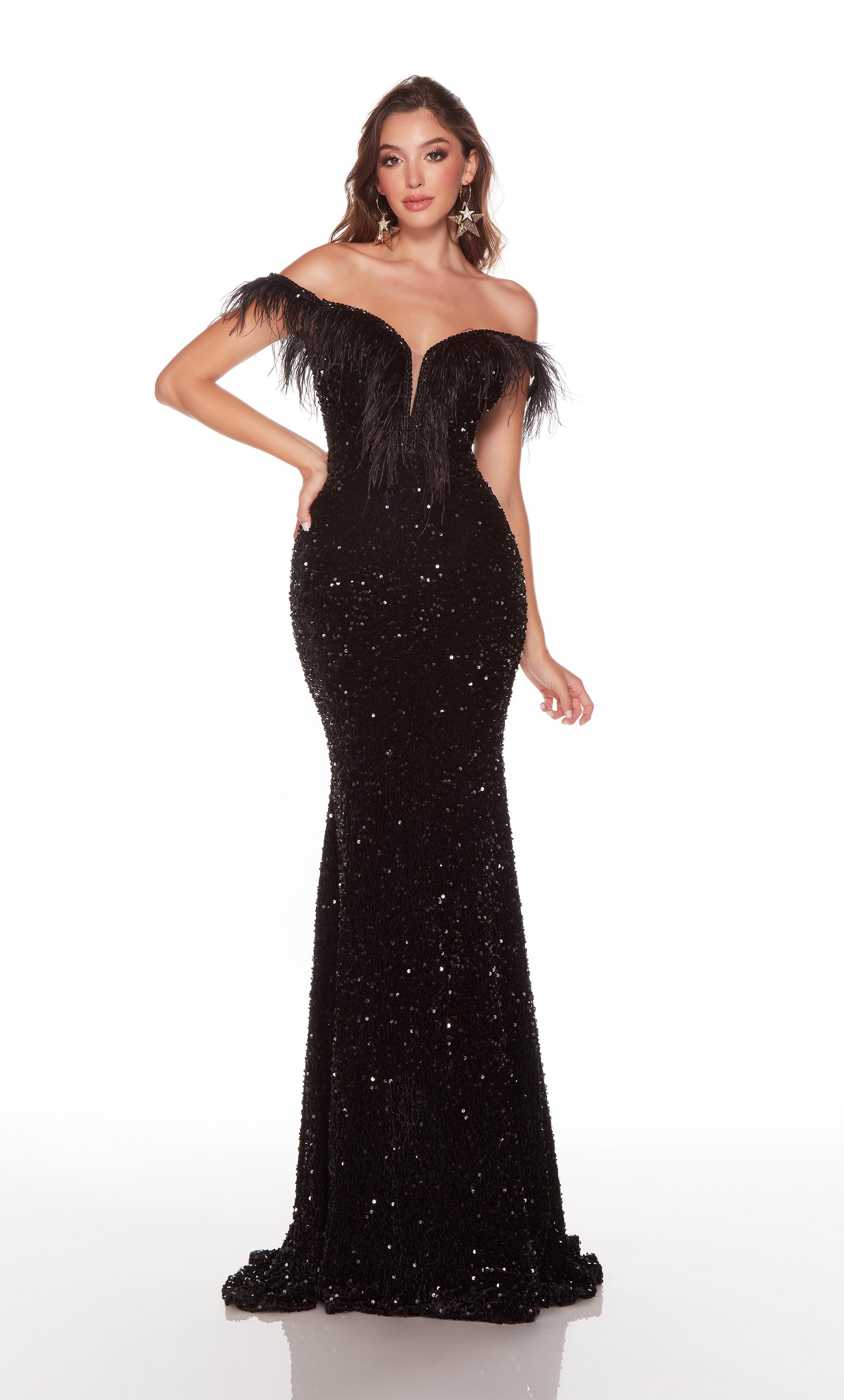 Off the shoulder black prom dress with feather trim. COLOR-SWATCH_61373__BLACK