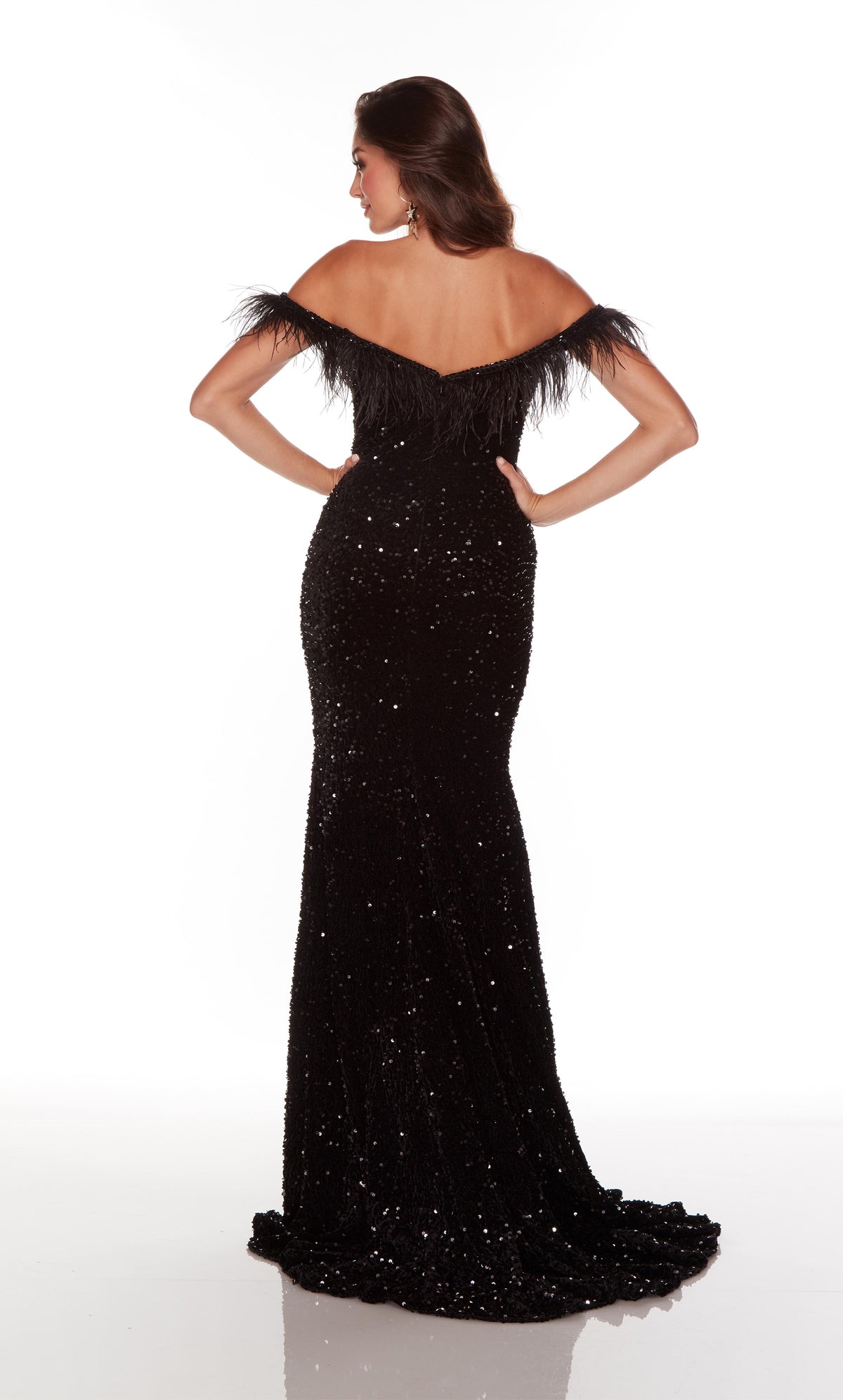 Black off the shoulder prom dress with feathers,  a zip up back, and train.