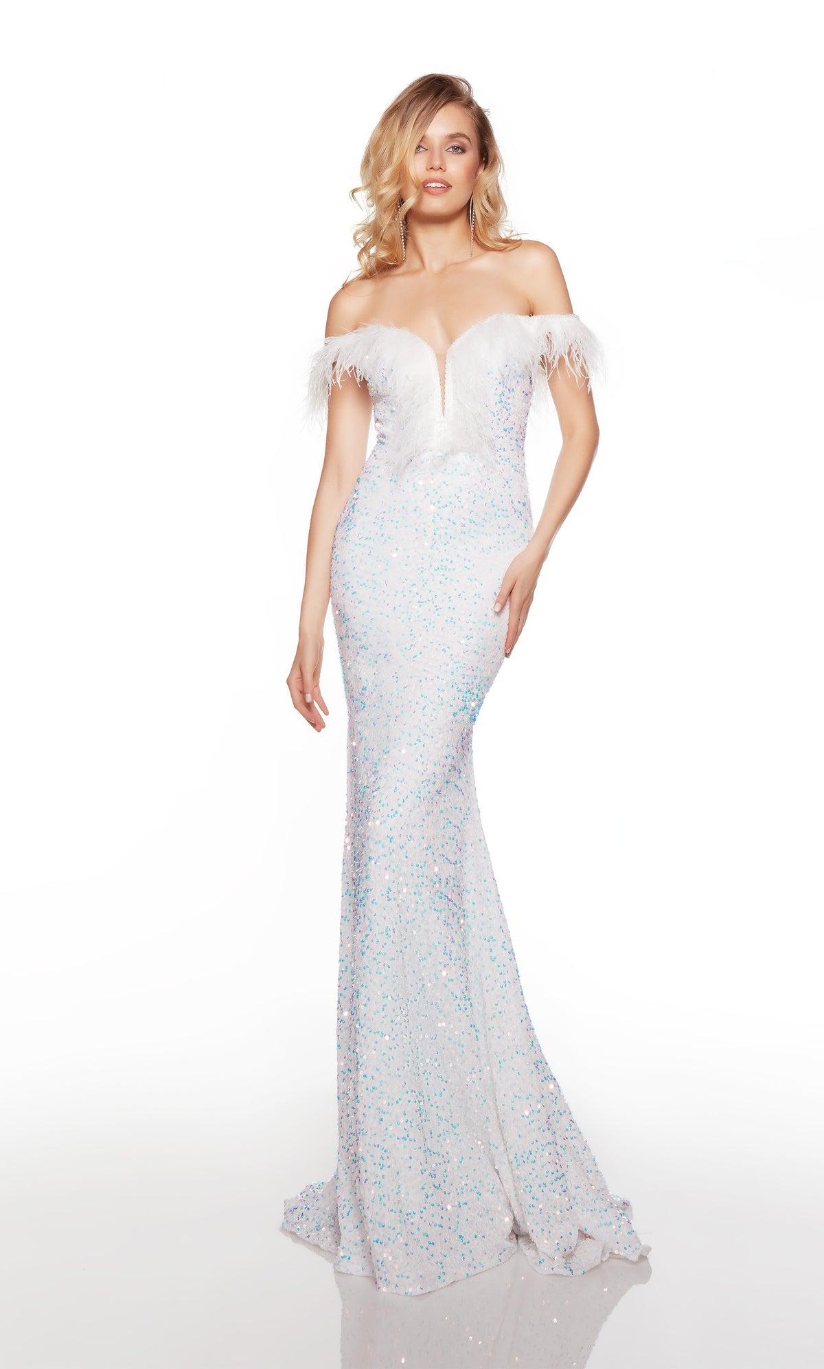 Off the shoulder iridescent prom dress with feather trim. COLOR-SWATCH_61373__MAGIC-OPAL