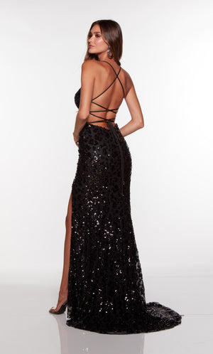 Long fitted leopard print gown with a strappy back and train.
