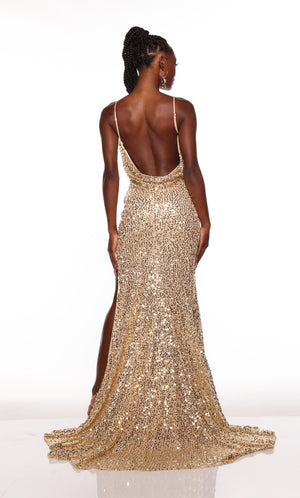 Sparkly gold formal dress with a draped back, side slit, and train.