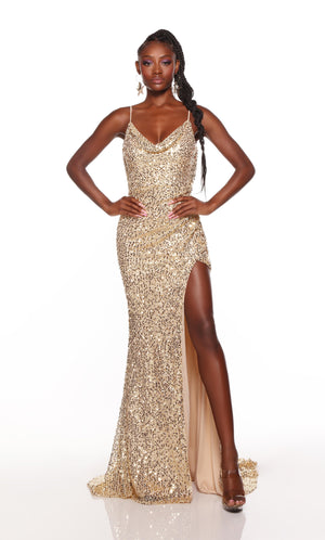 Gold sequin cowl neck dress with ruching detail and high side slit.