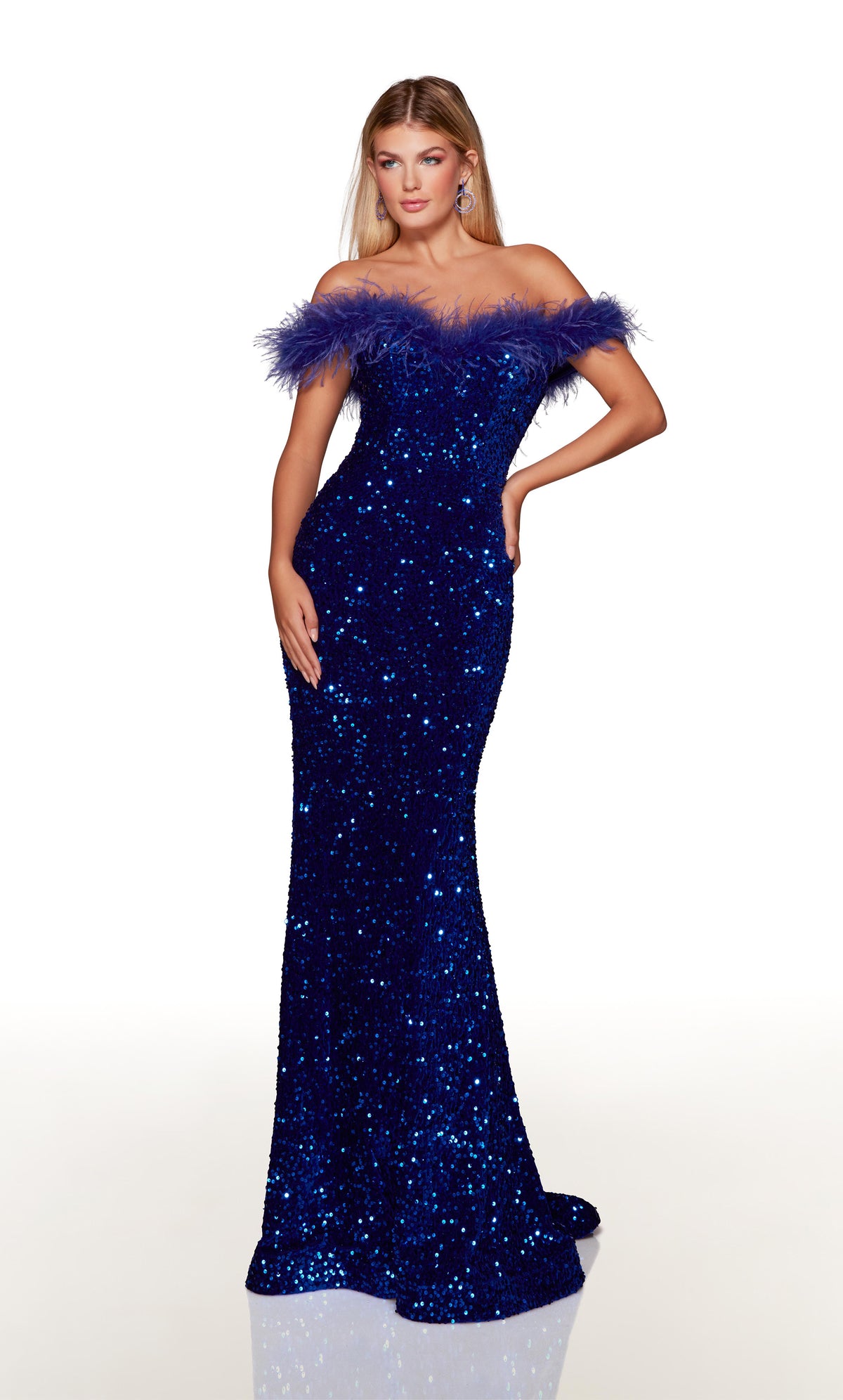 Sparkly feather trim dress with an off the shoulder neckline in royal blue. COLOR-SWATCH_61379__ROYAL