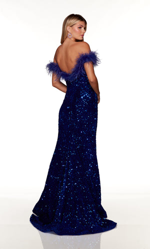 Fit and flare blue feather dress with an off the shoulder neckline, zip up back, and train.