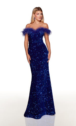 Royal blue prom dress with an off the shoulder feather trimmed neckline.