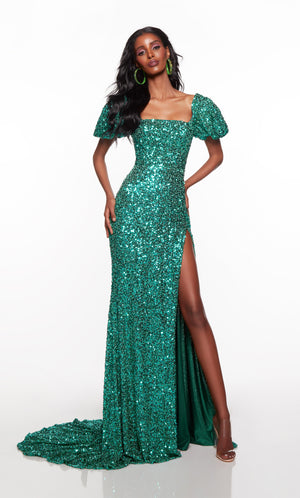 Green sequin 80s prom dress with puff sleeves and high side slit. COLOR-SWATCH_61392__JADE