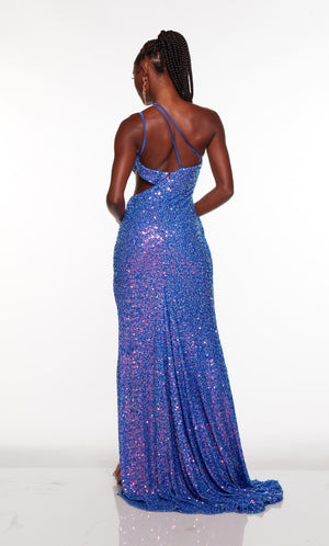 Purple prom dress with cutouts, strappy back, and train.
