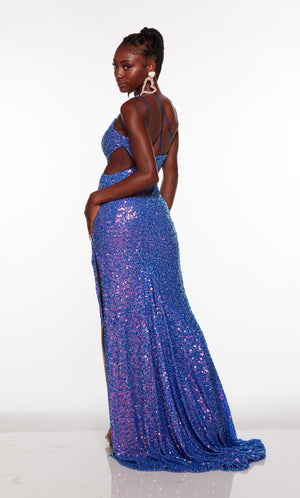 Purple sequin formal dress with a strappy back, cutouts, and train.