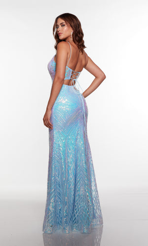 Fit and flare corset prom dress with a lace up back in iridescent sequins.
