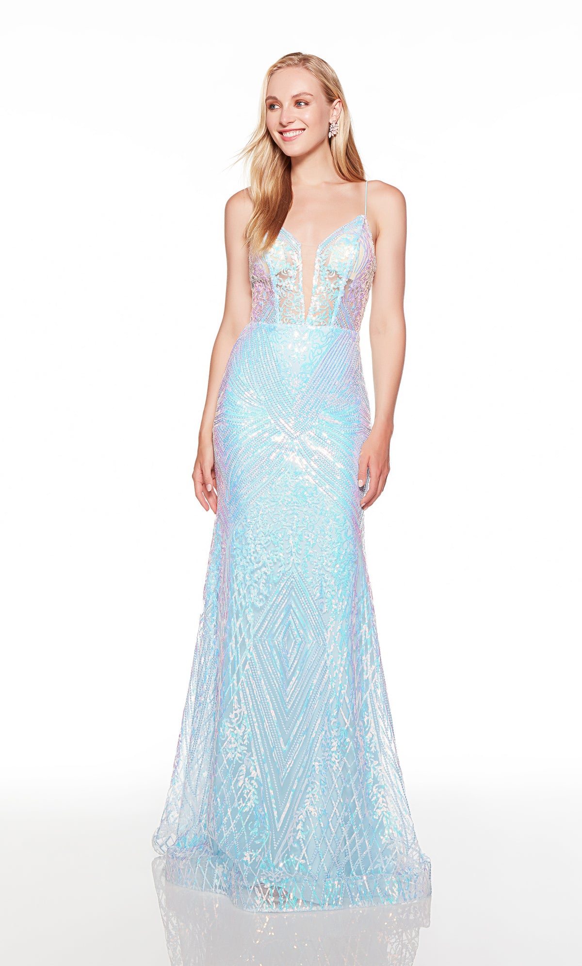 Fit and flare corset dress with a sheer lace bodice in iridescent sequins.