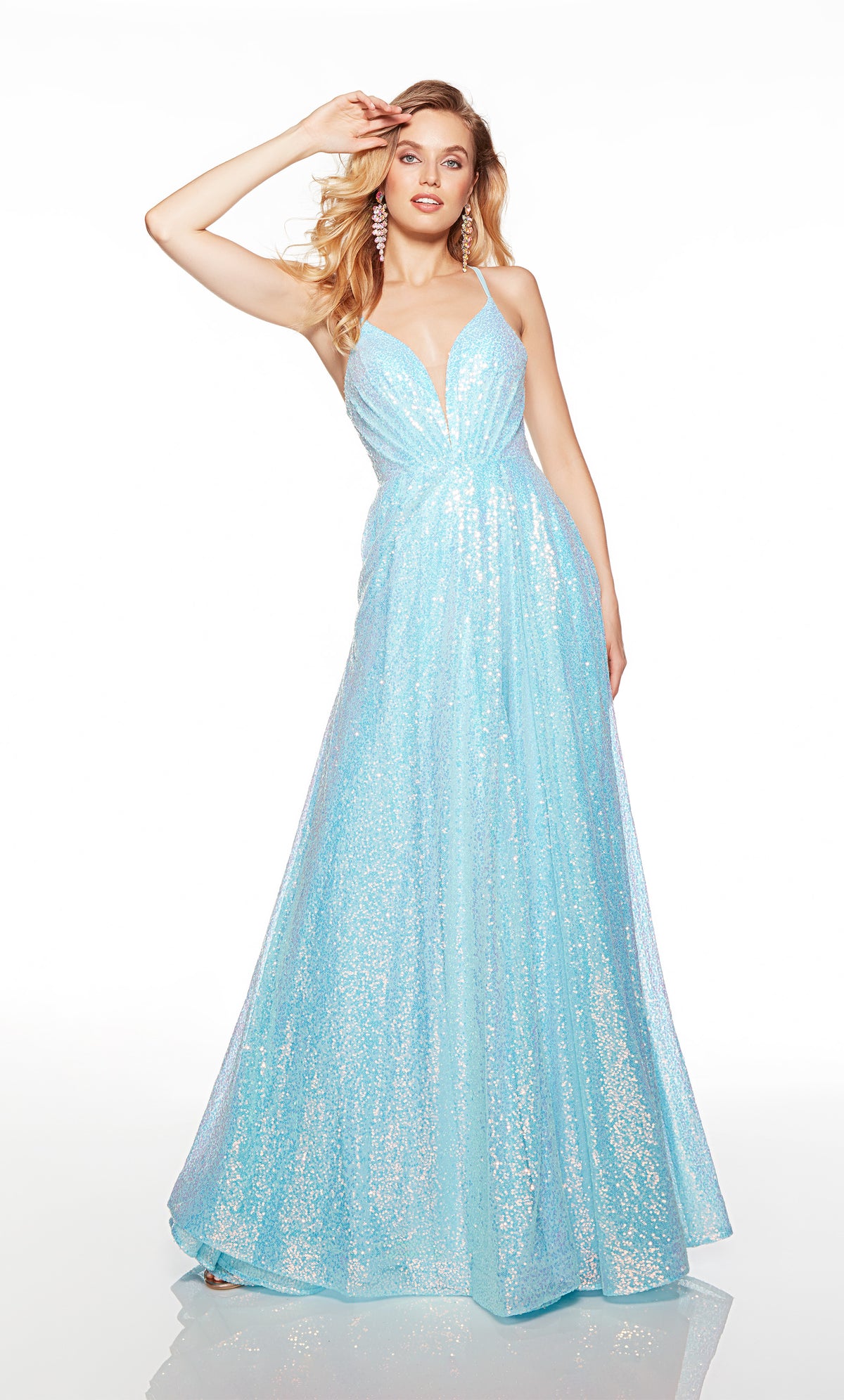 Light blue A line formal dress with a plunging neckline in iridescent sequins.