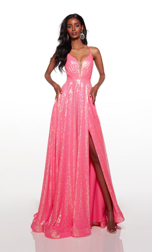 Sparkly prom dress with a plunging neckline and high slit in pink iridescent sequins. COLOR-SWATCH_61398__NEON-PINK