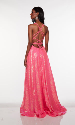 Sparkly gown with a strappy back in pink iridescent sequins.
