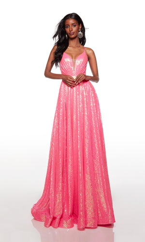 Pink A line formal dress with a plunging neckline in iridescent sequins.