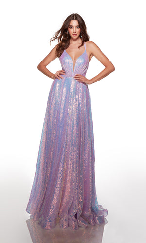 Purple A line formal dress with a plunging neckline in iridescent sequins. COLOR-SWATCH_61398__UNICORN