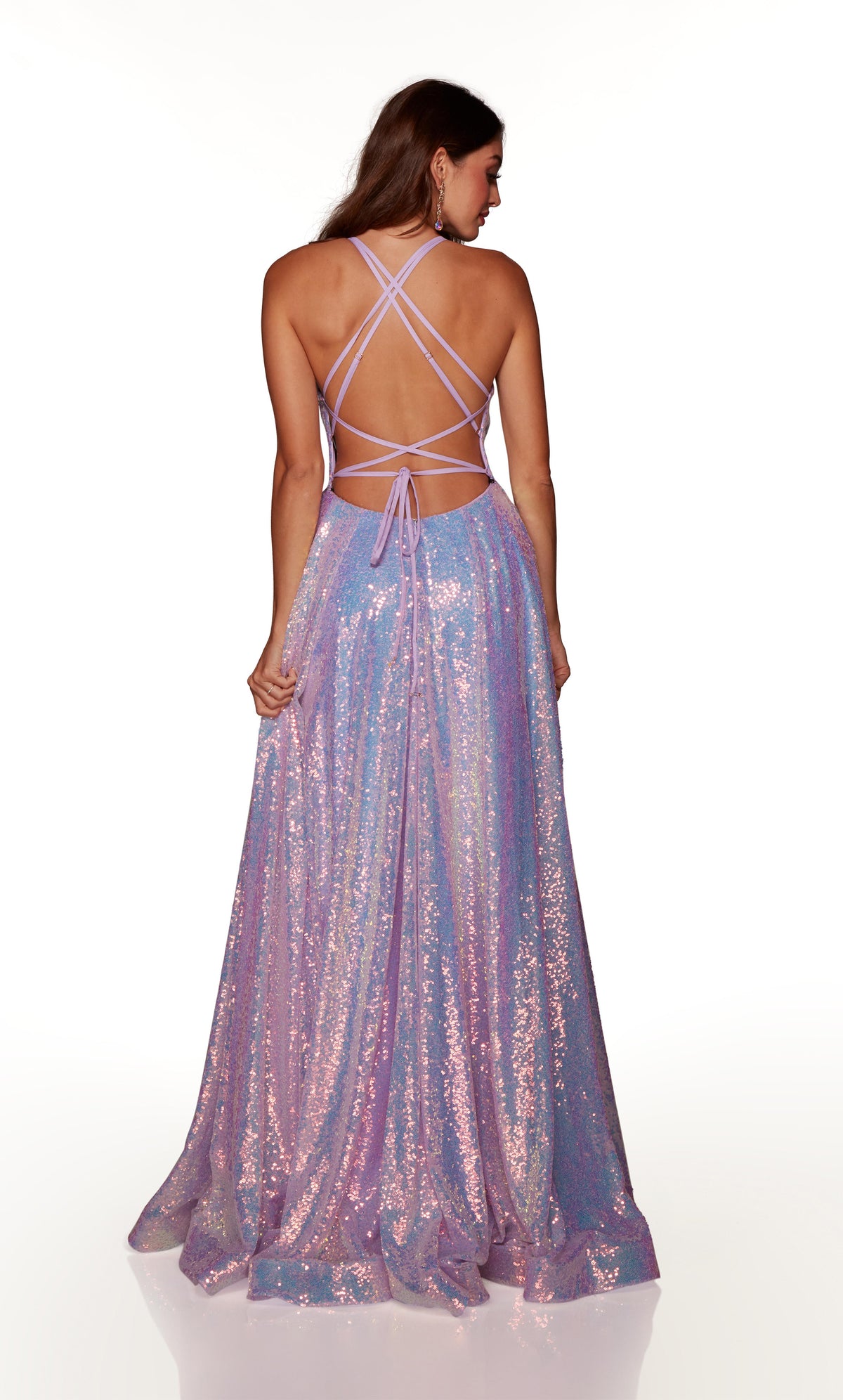 Sparkly gown with a strappy back in purple iridescent sequins.