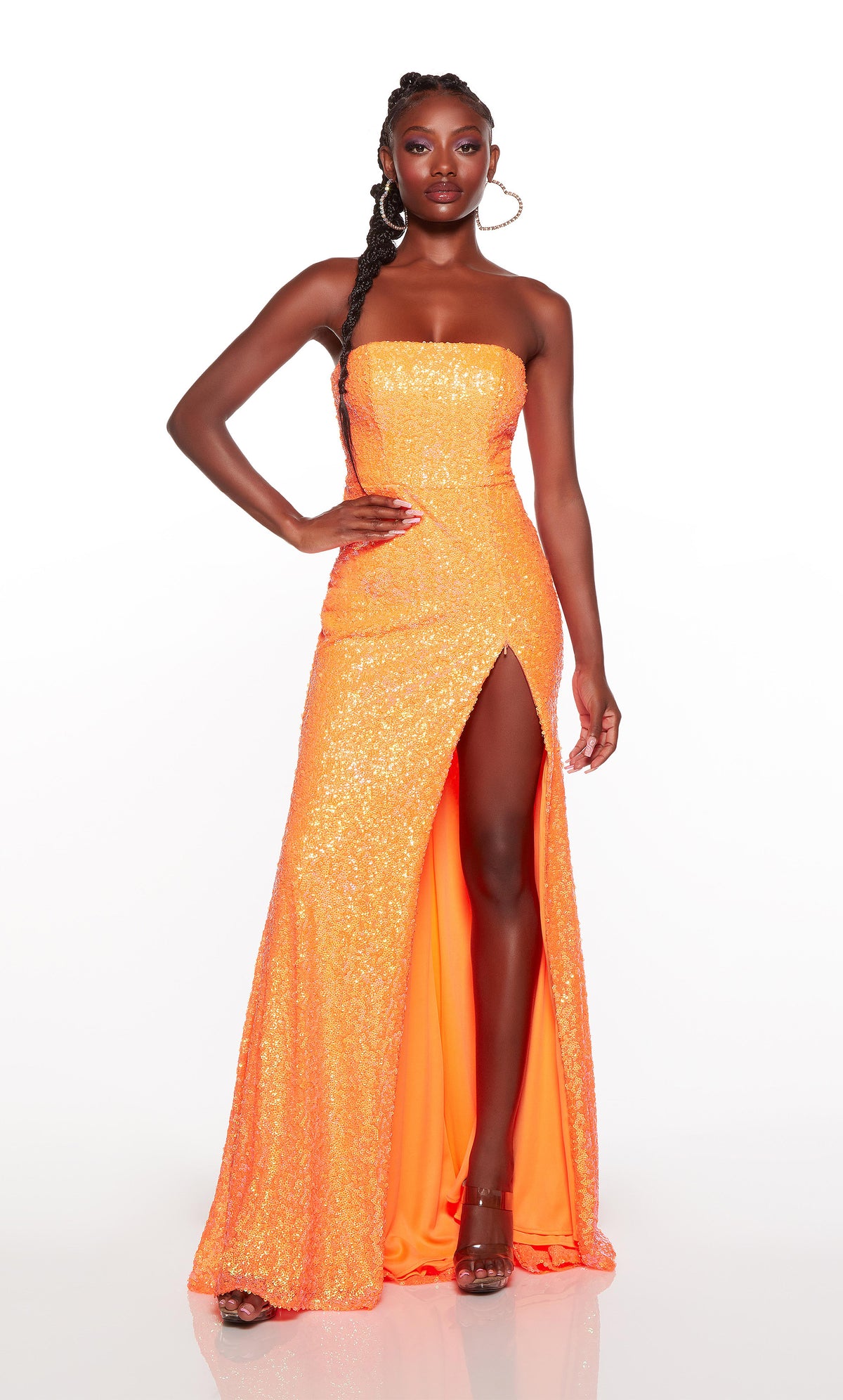 Strapless formal dress with a zipper side slit in orange sequins.