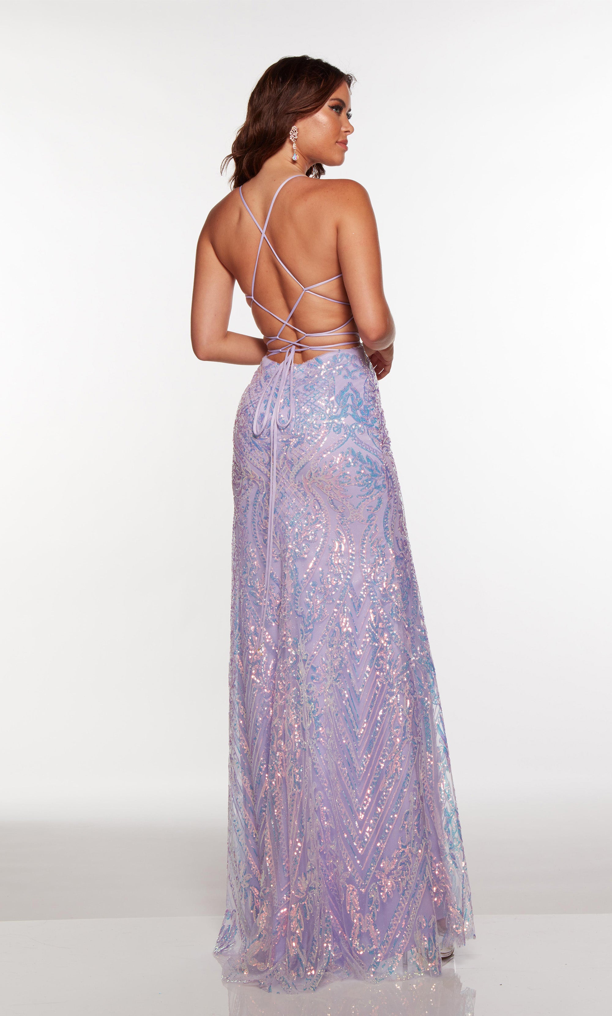 Sexy prom dress with a plunging neckline, side cutouts, and high front slit in purple iridescent sequins. COLOR-SWATCH_61403__ICEL-ILAC