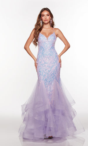 Mermaid prom dress with a V neckline in purple iridescent sequins. COLOR-SWATCH_61404__ICE-LILAC