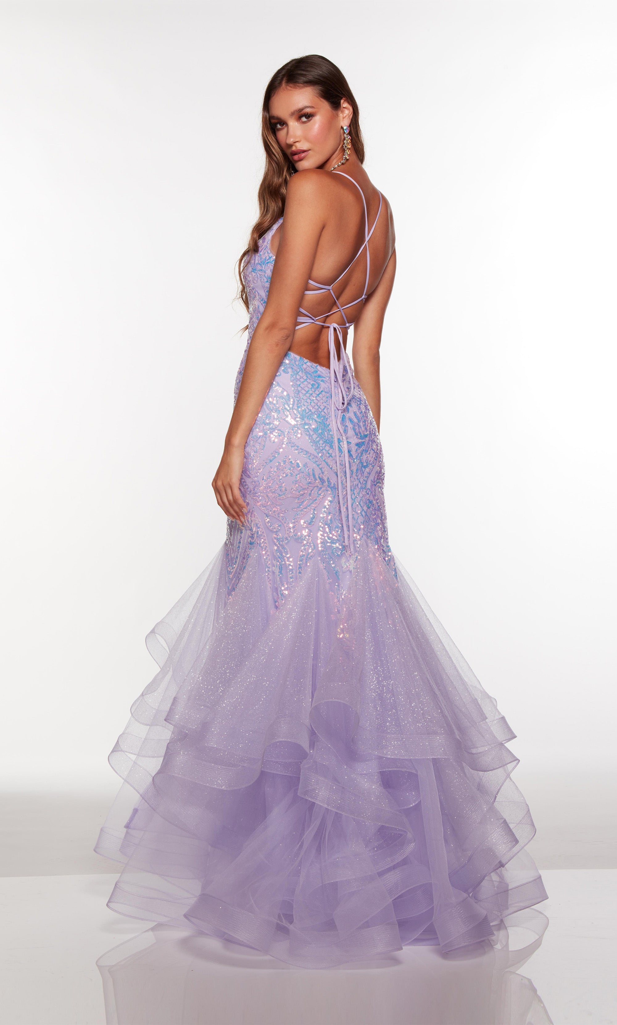 Mermaid prom dress with a V neckline in purple iridescent sequins. COLOR-SWATCH_61404__ICE-LILAC
