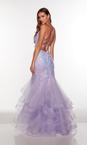 Strappy back mermaid gown in purple iridescent sequins.