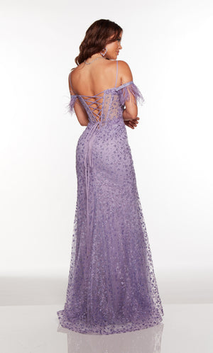 Lavender corset dress with a lace up back and feather trim.