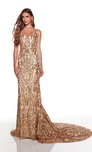 Elegant gold formal dress with a plunging neckline. COLOR-SWATCH_61412__GOLD