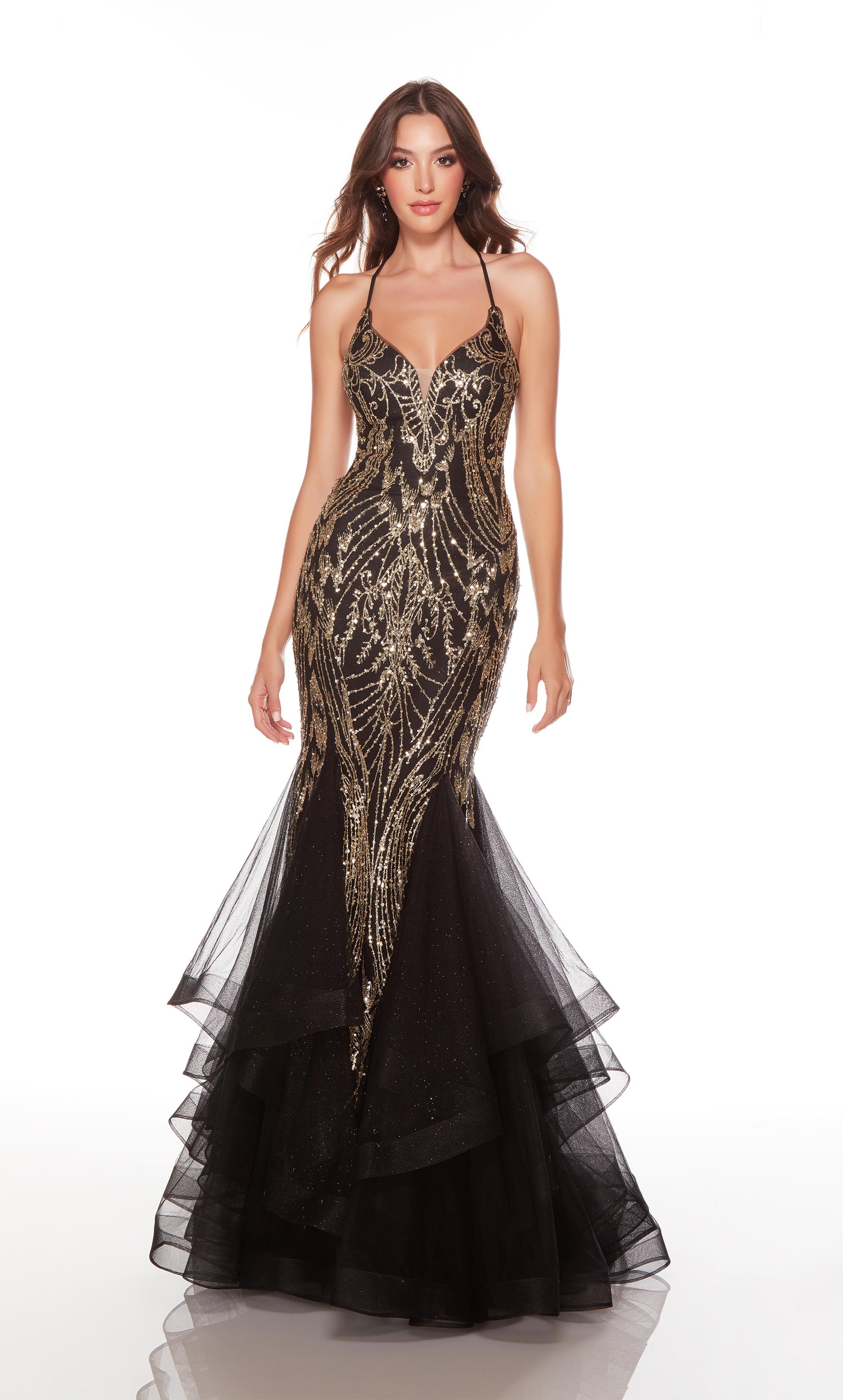 Sparkly mermaid prom dress with a plunging neckline in black-gold. COLOR-SWATCH_61415__BLACK-GOLD