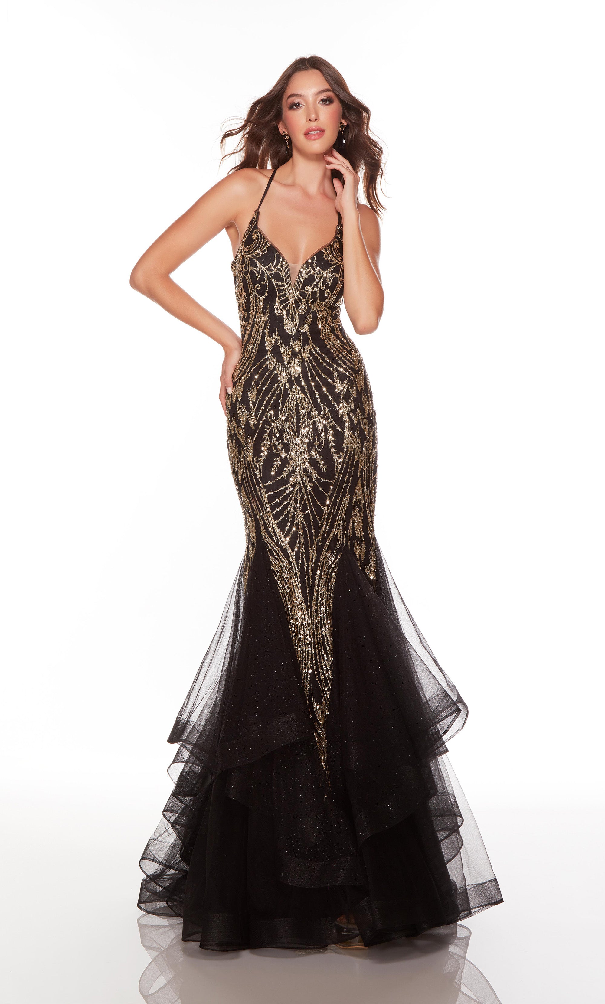 Sparkly mermaid prom dress with a plunging neckline in black-gold. COLOR-SWATCH_61415__BLACK-GOLD
