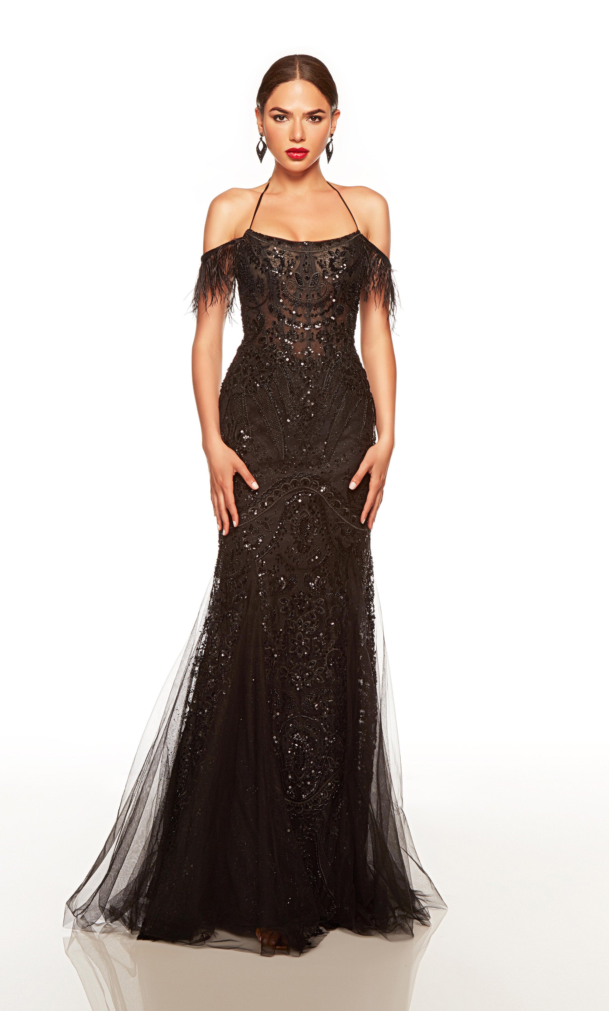Sparkly black corset prom dress with sheer bodice and feathers. COLOR-SWATCH_61416__BLACK