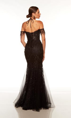 Sparkly black prom dress with a corset back and feathers.