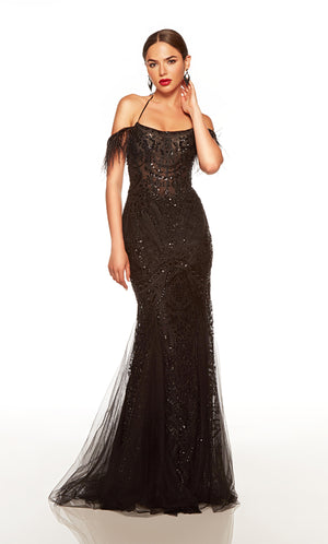 Sparkly black corset dress with sheer bodice and feathers.
