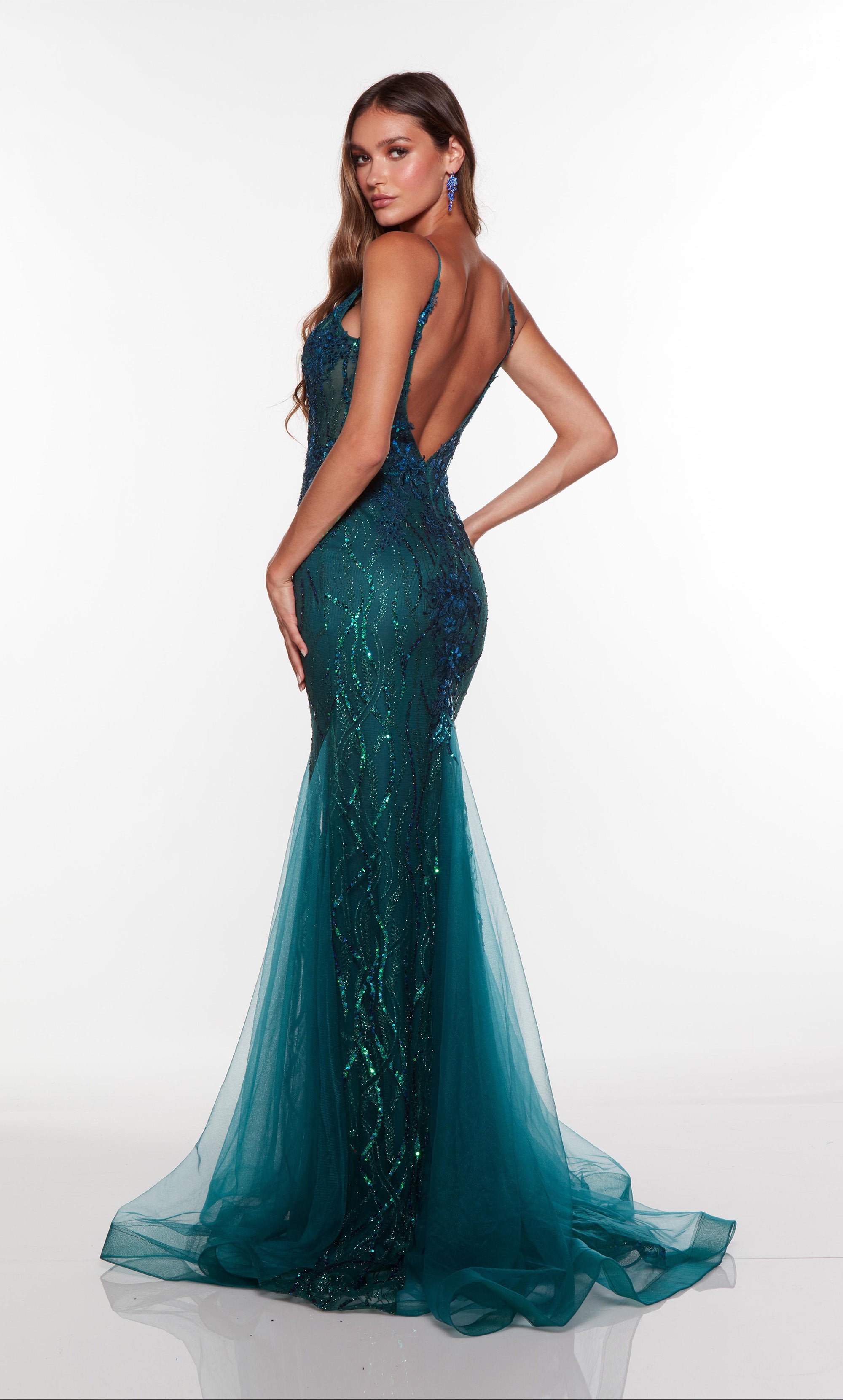 Sparkly fit and flare evening gown with sheer bodice in green. COLOR-SWATCH_61419__DRAGONFLY