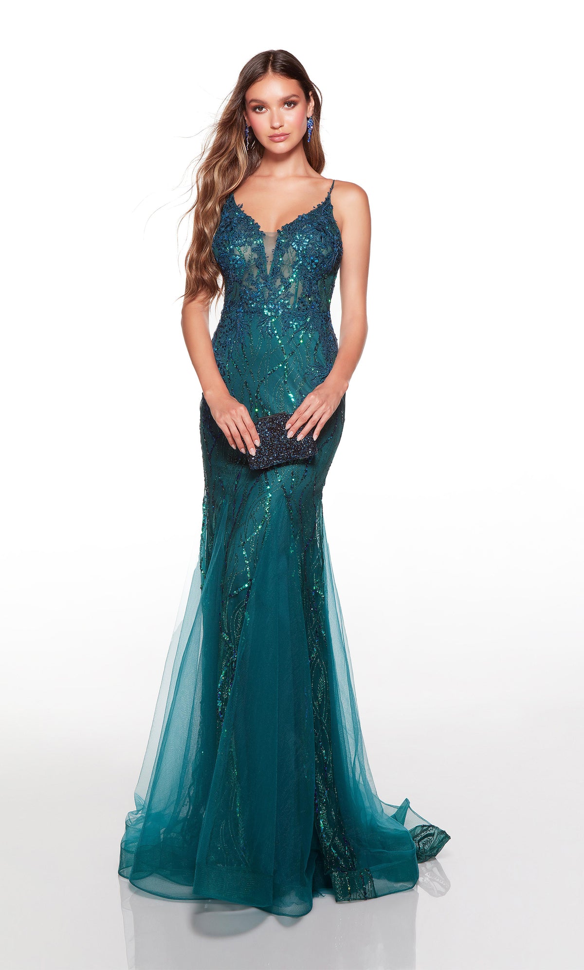 Glitter tulle green prom dress with sheer bodice.