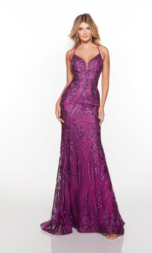 Sexy prom dress with a plunging neckline in purple. COLOR-SWATCH_61424__BRIGHT-PURPLE