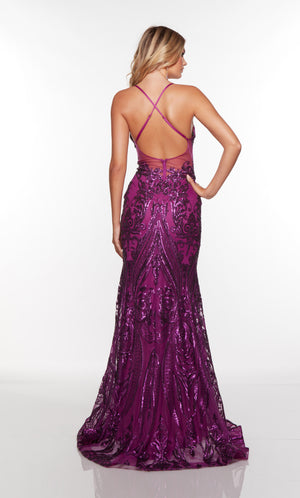 Sexy purple prom dress with a crisscross back and slight train.