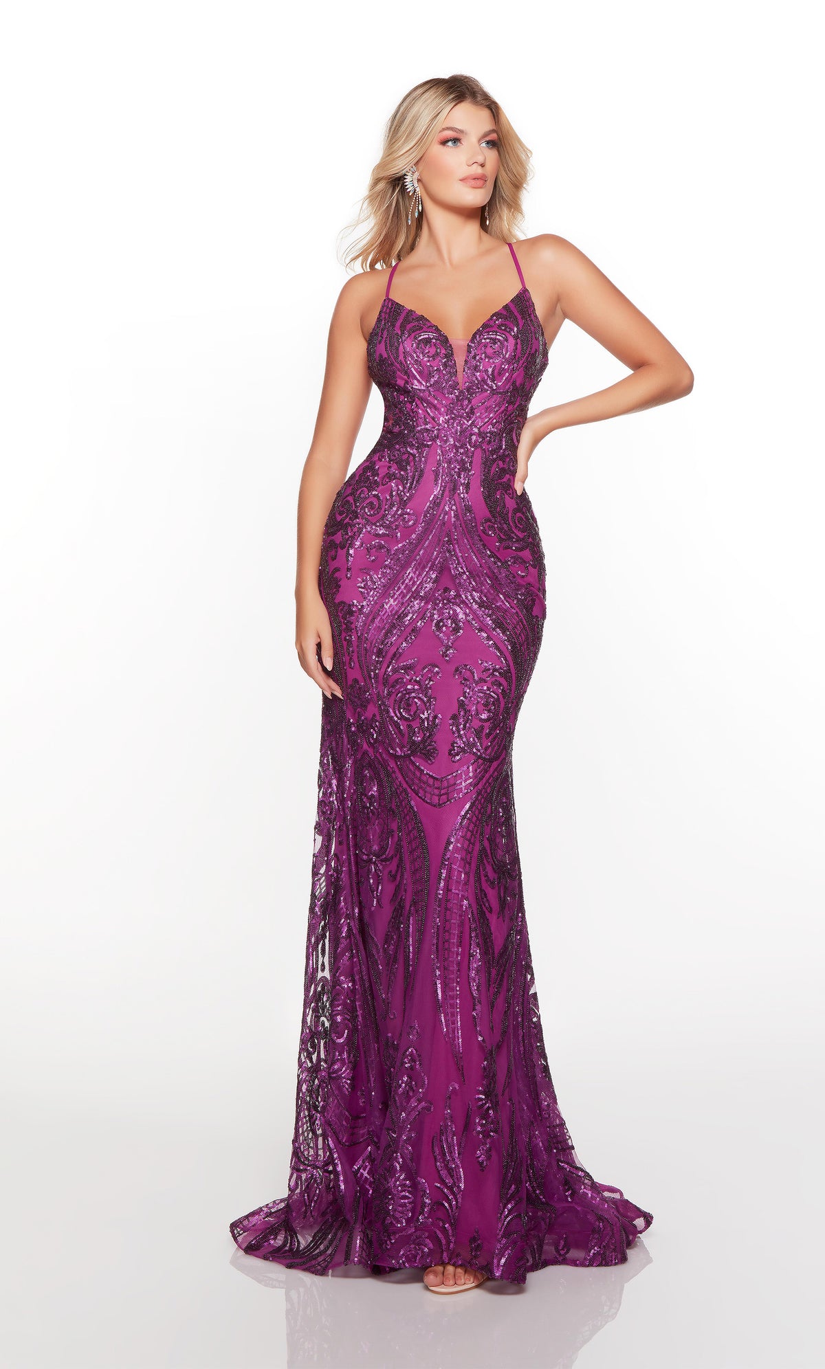 Sexy purple gown with a plunging neckline and sequin detail throughout.