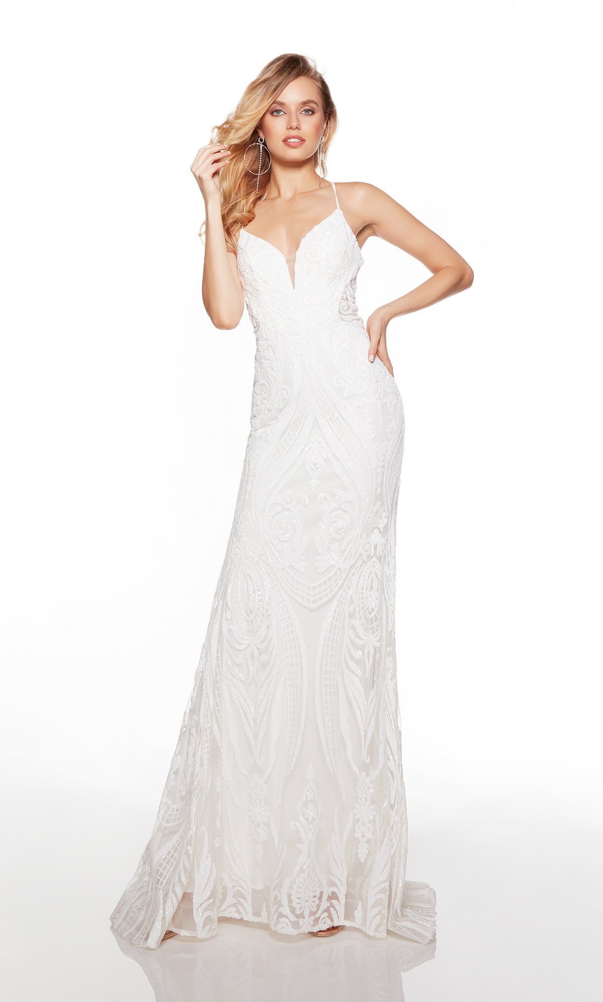 Sexy prom dress with a plunging neckline in white. COLOR-SWATCH_61424__DIAMOND-WHITE