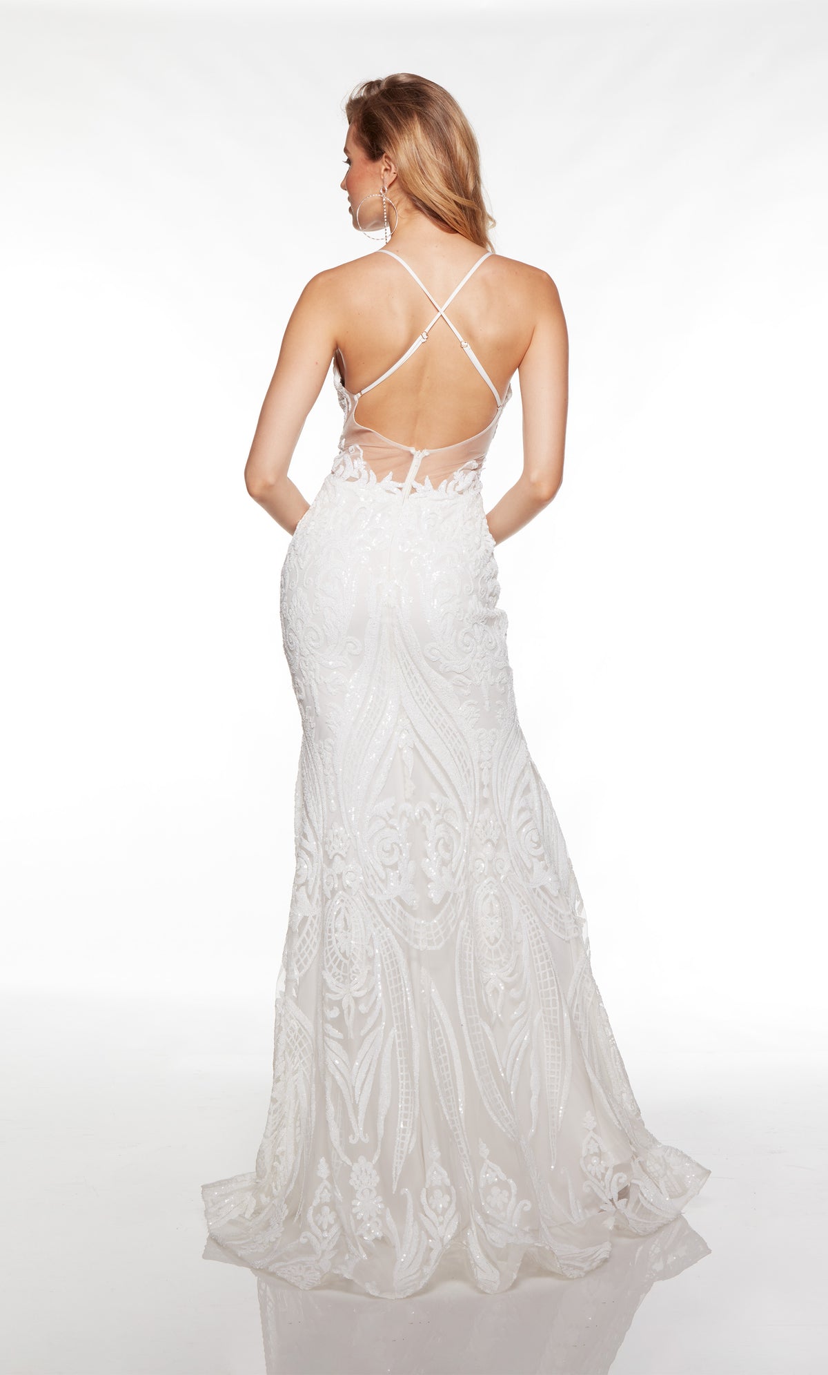 Sexy white prom dress with a crisscross back and slight train.