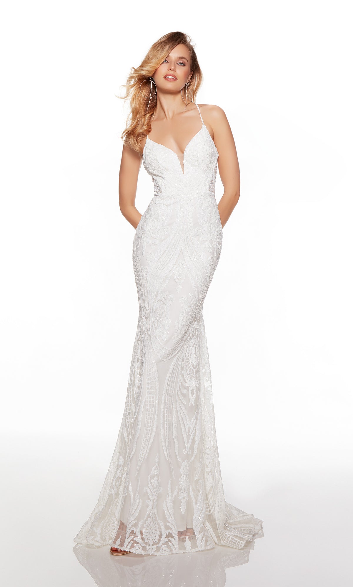 Sexy white gown with a plunging neckline and sequin detail throughout.