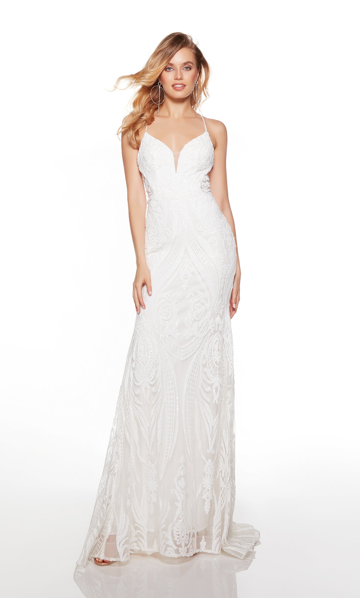 Sexy white sequin gown with a plunging neckline and sequin detail throughout.