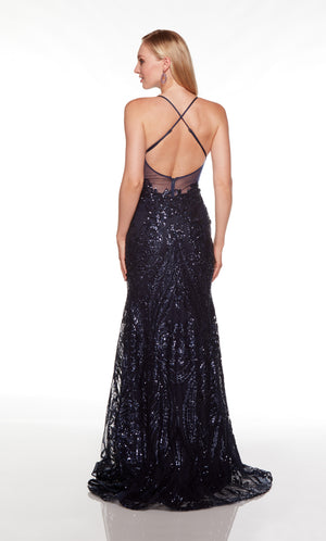 Sexy prom dress with a crisscross back and slight train in midnight.