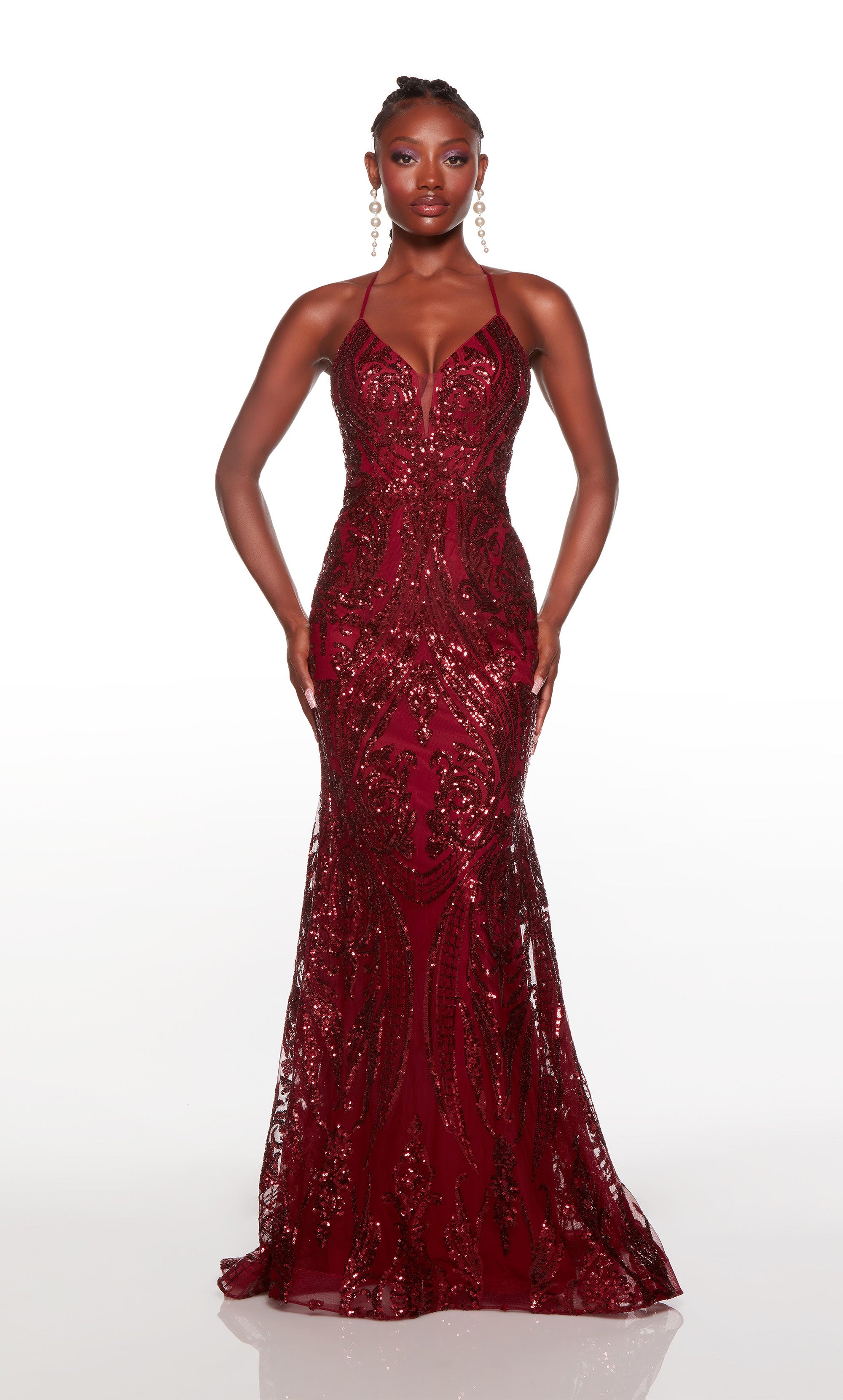 Long Sleeve Red Sequin Prom Dress with Long Train - VQ