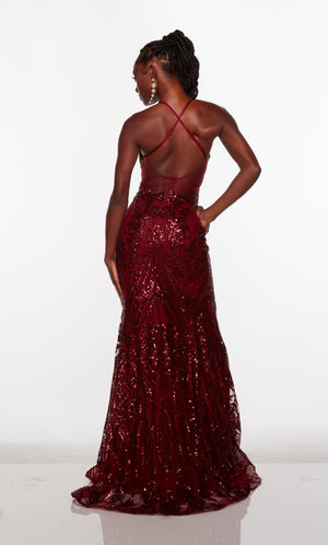 Sexy sequin formal dress with a crisscross back and slight train in wine red.